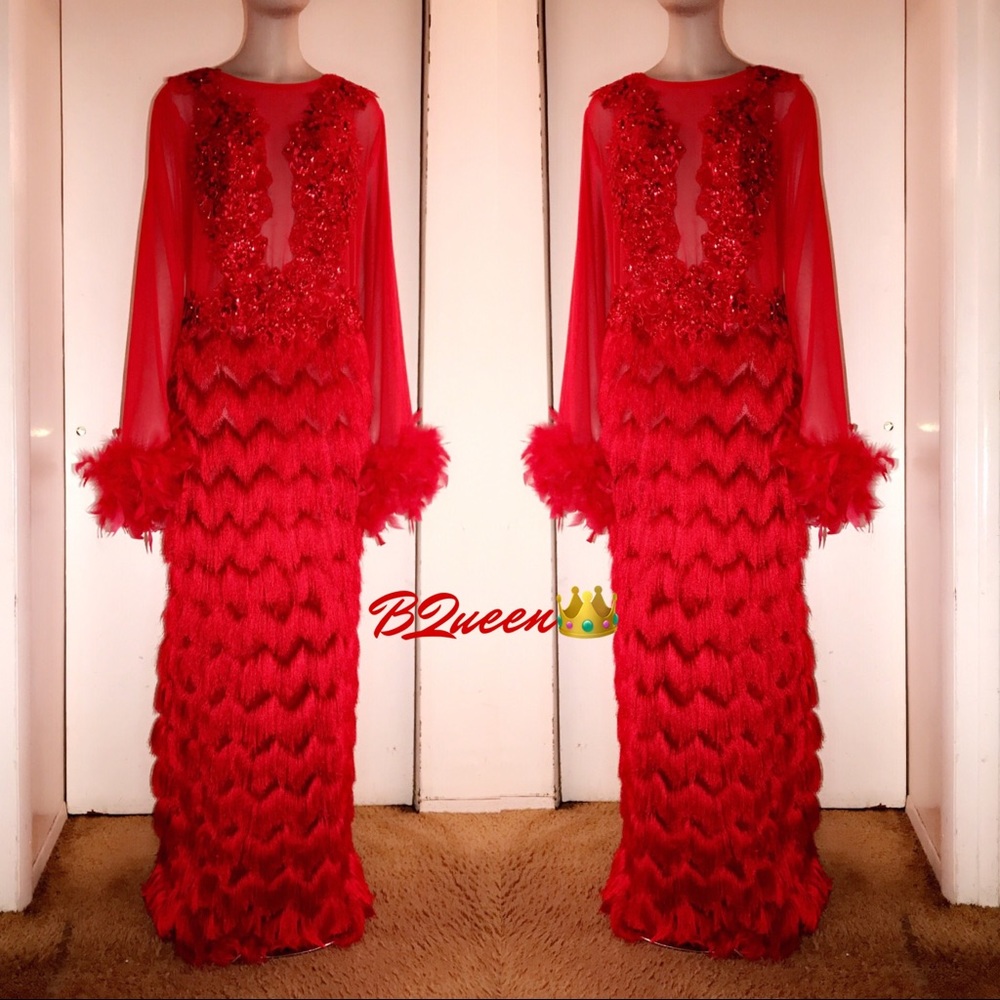Red fringe evening gown